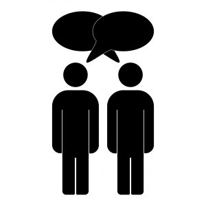 black and white graphic of two people talking with speech bubbles